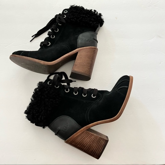 Ugg “Jaxon” black suede Boots, shearling cuff, block heel -6.5 - Picture 2 of 10
